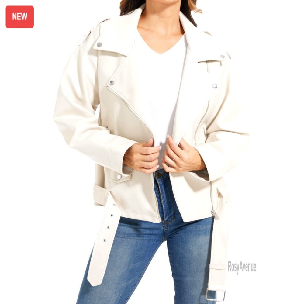 Faux Leather Motorcycle Jacket, Stretch PU Moto Coat, Utility Pockets, All - Picture 1 of 6